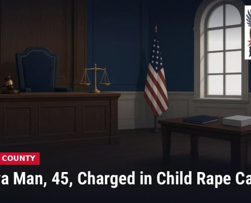 Fostoria News Empty courtroom with judge's bench, American flag, and large window.